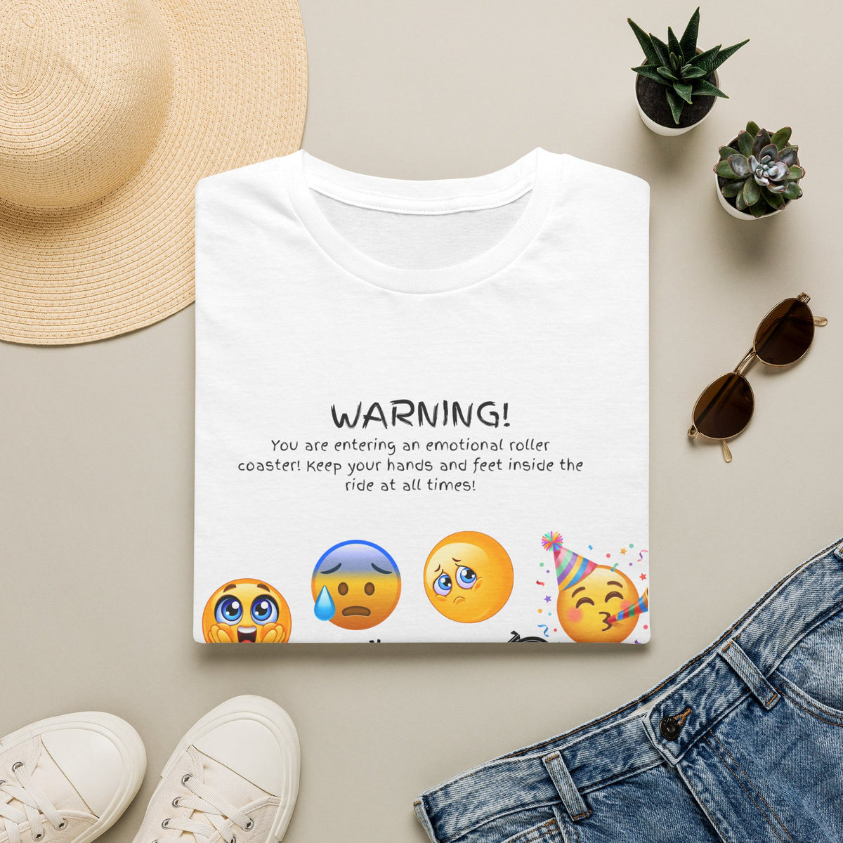Unisex T‑Shirt — "WARNING! You are entering an emotional roller coaster" Emoji Graphic Tee