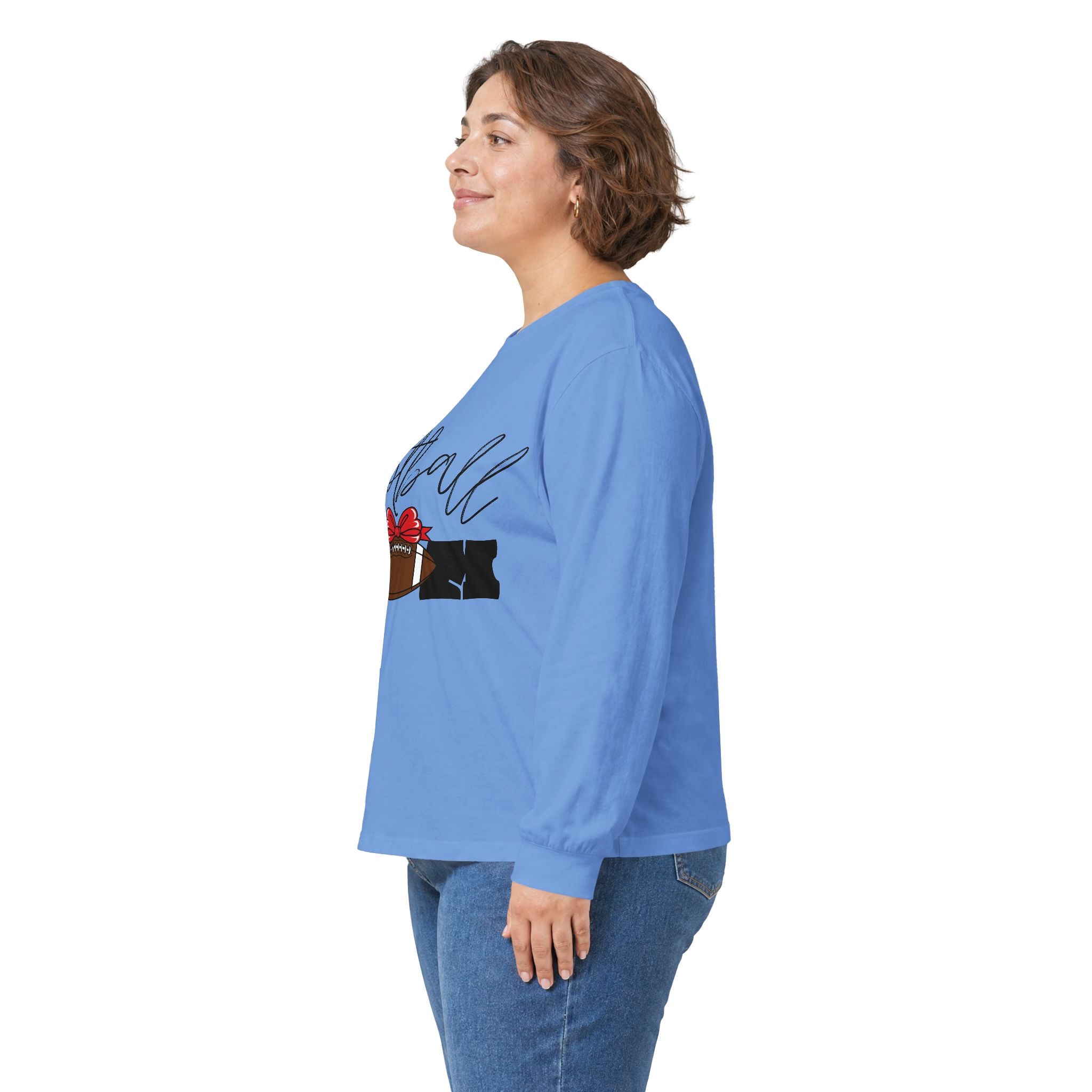 Long Sleeve Tee — 'Football Mom' Ribbon Football Design with Custom Back Number