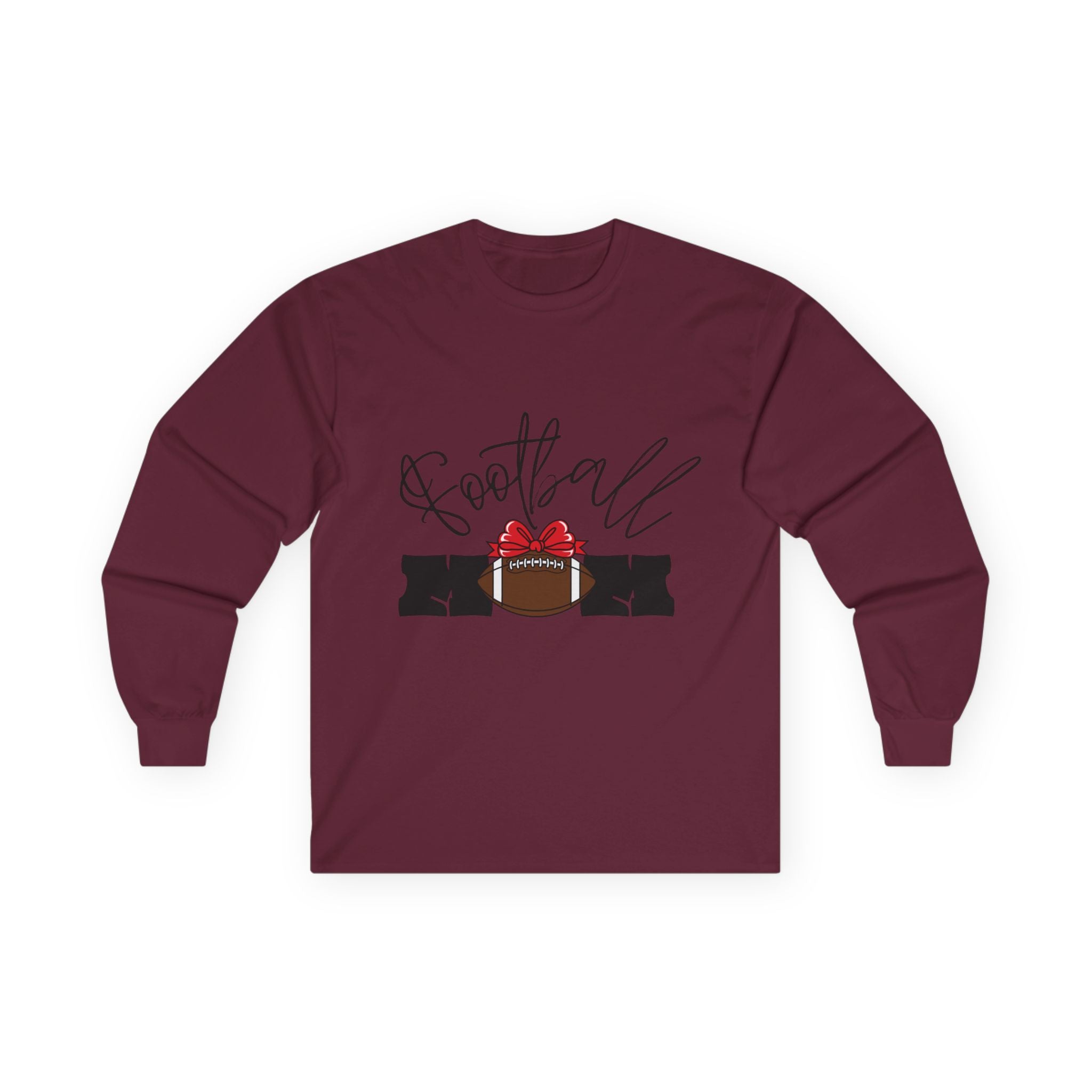 Long Sleeve Tee — 'Football Mom' Ribbon Football Design with Custom Back Number