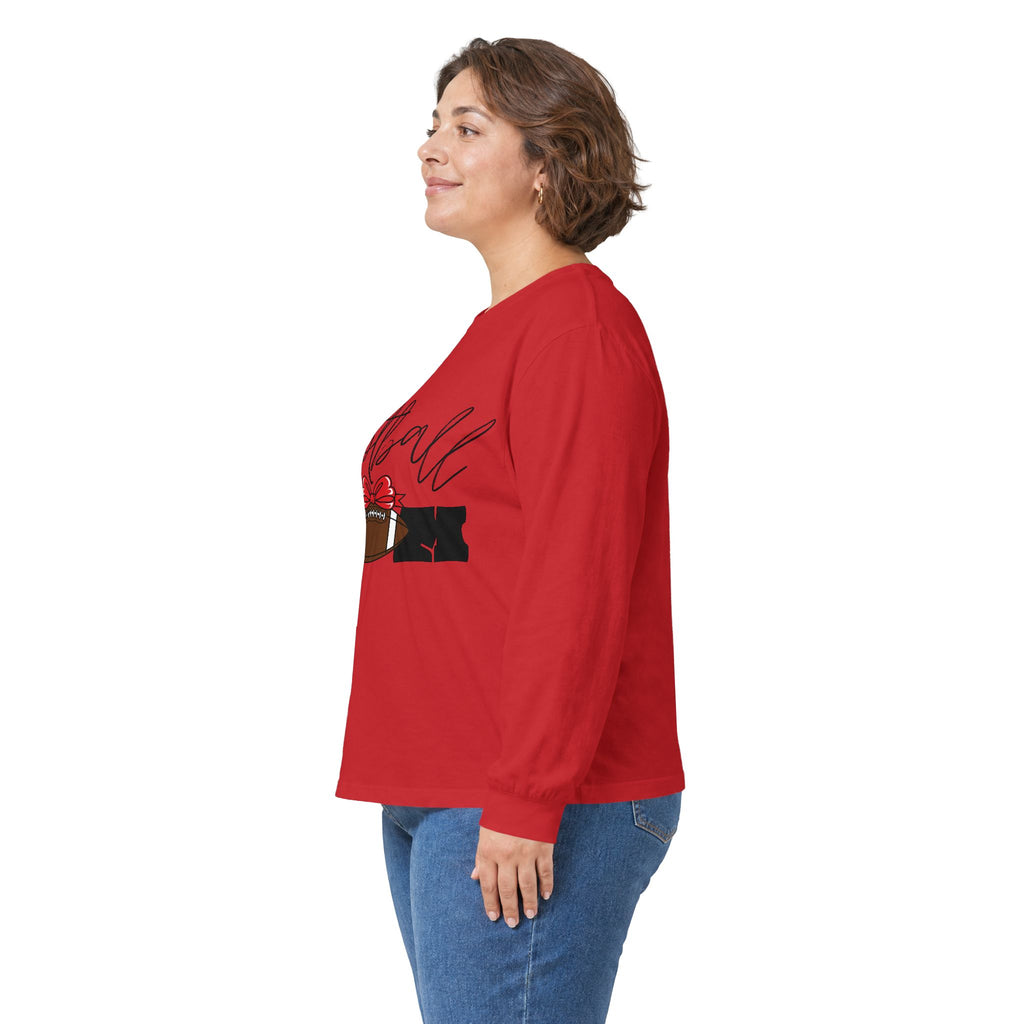 Long Sleeve Tee — 'Football Mom' Ribbon Football Design with Custom Back Number